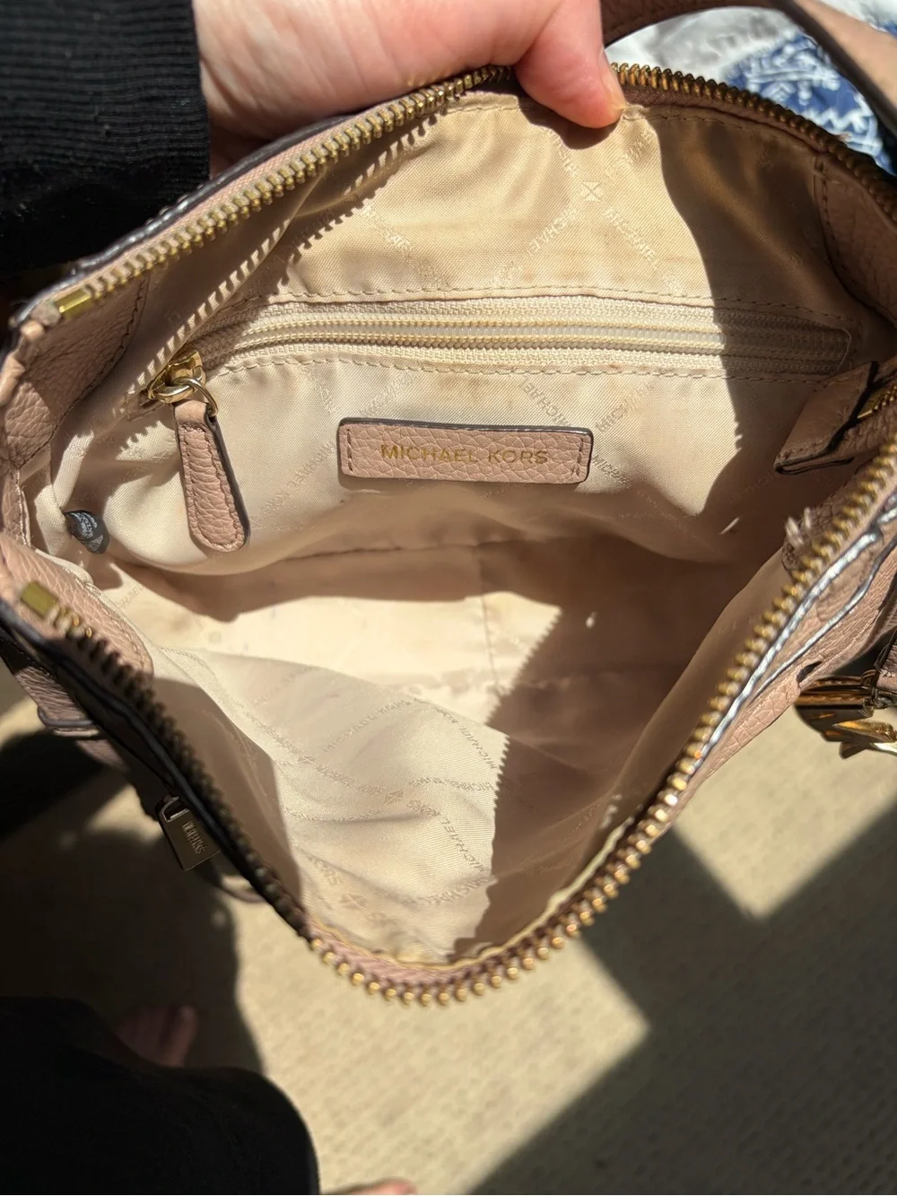 Michael Kors Blush Pebbled Leather Crossbody Bag with Gold Hardware and charm